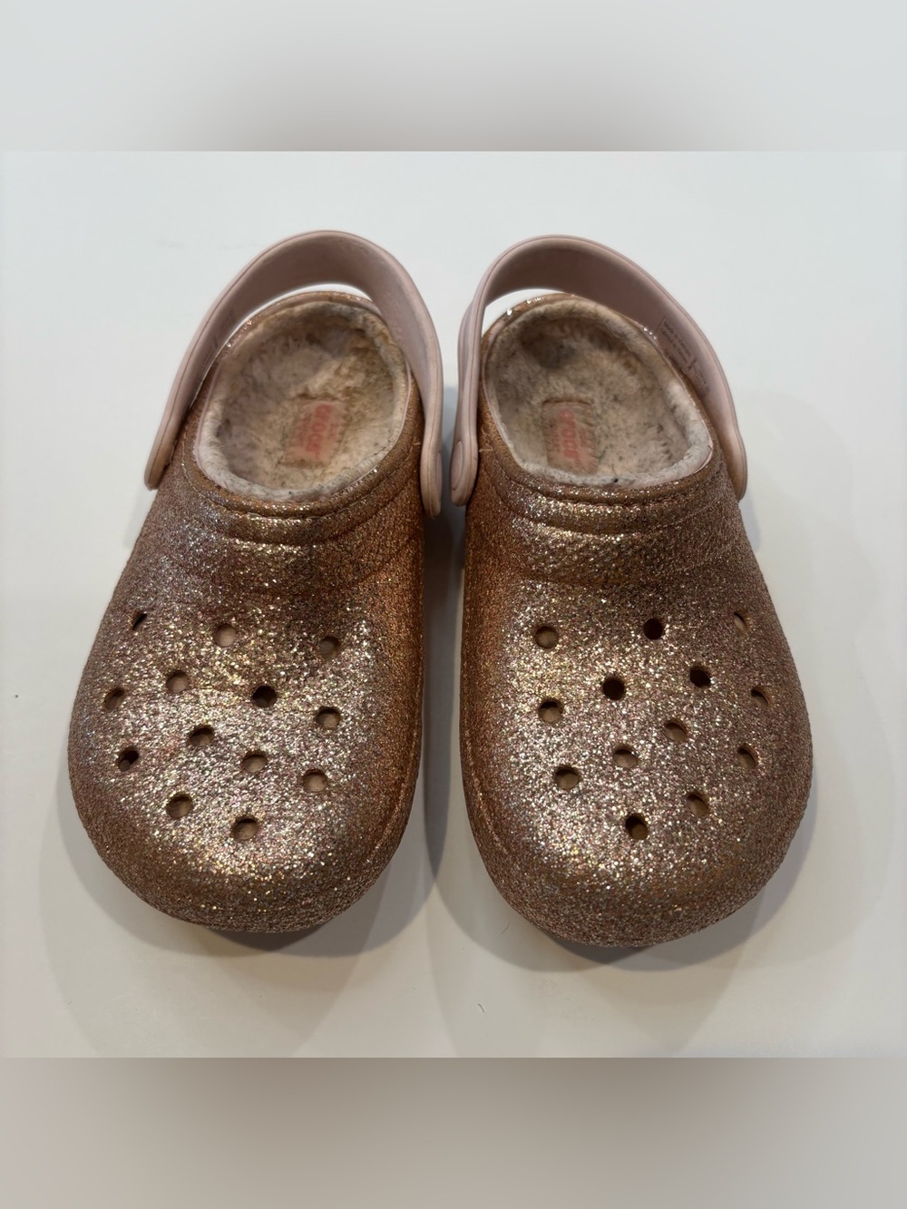 Crocs J2 Clogs Slip On Lined Sandals Rose Gold Glitter Girls Shoes Kids Size 2 - Picture 2 of 10